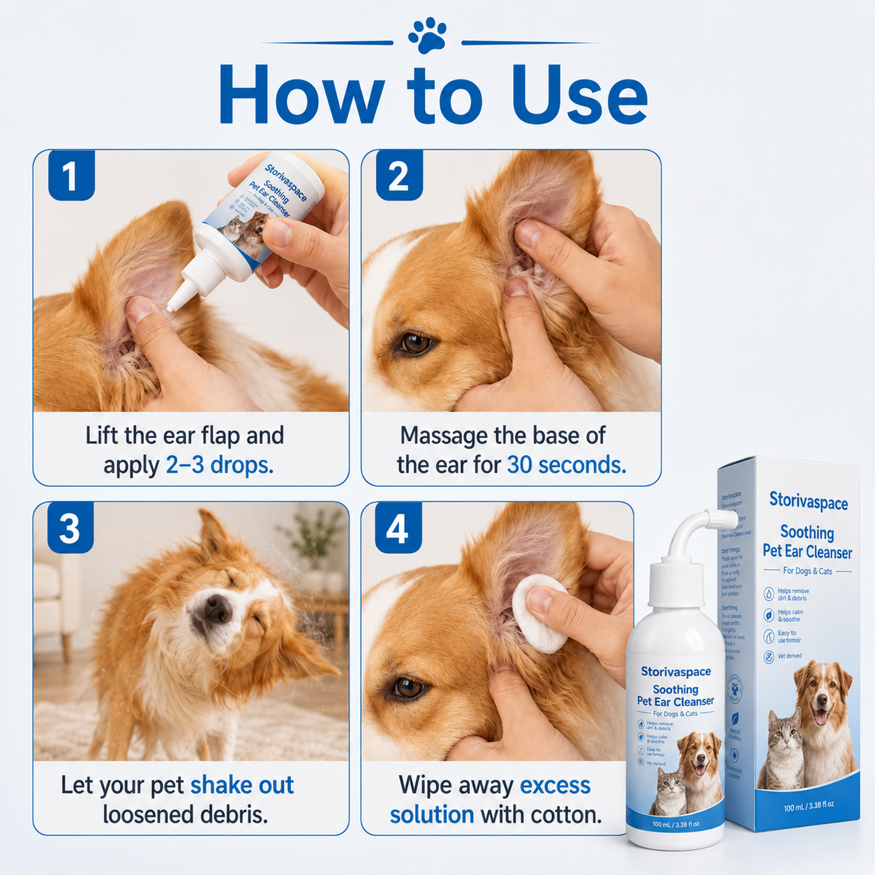 🐾 Soothing Pet Ear Cleanser – Gentle Wax, Odor & Itchy Ear Care for Dogs & Cats 💙