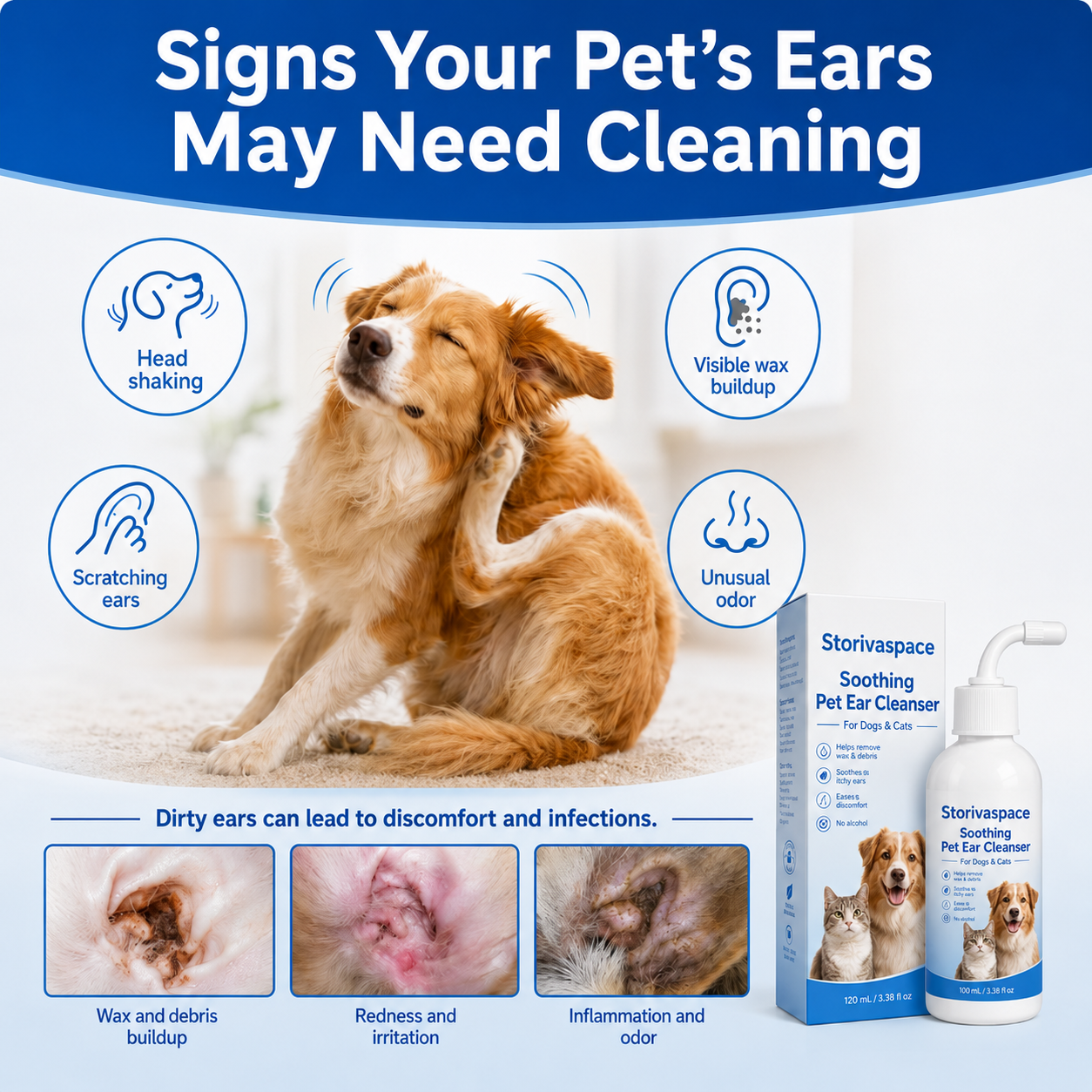 🐾 Soothing Pet Ear Cleanser – Gentle Wax, Odor & Itchy Ear Care for Dogs & Cats 💙