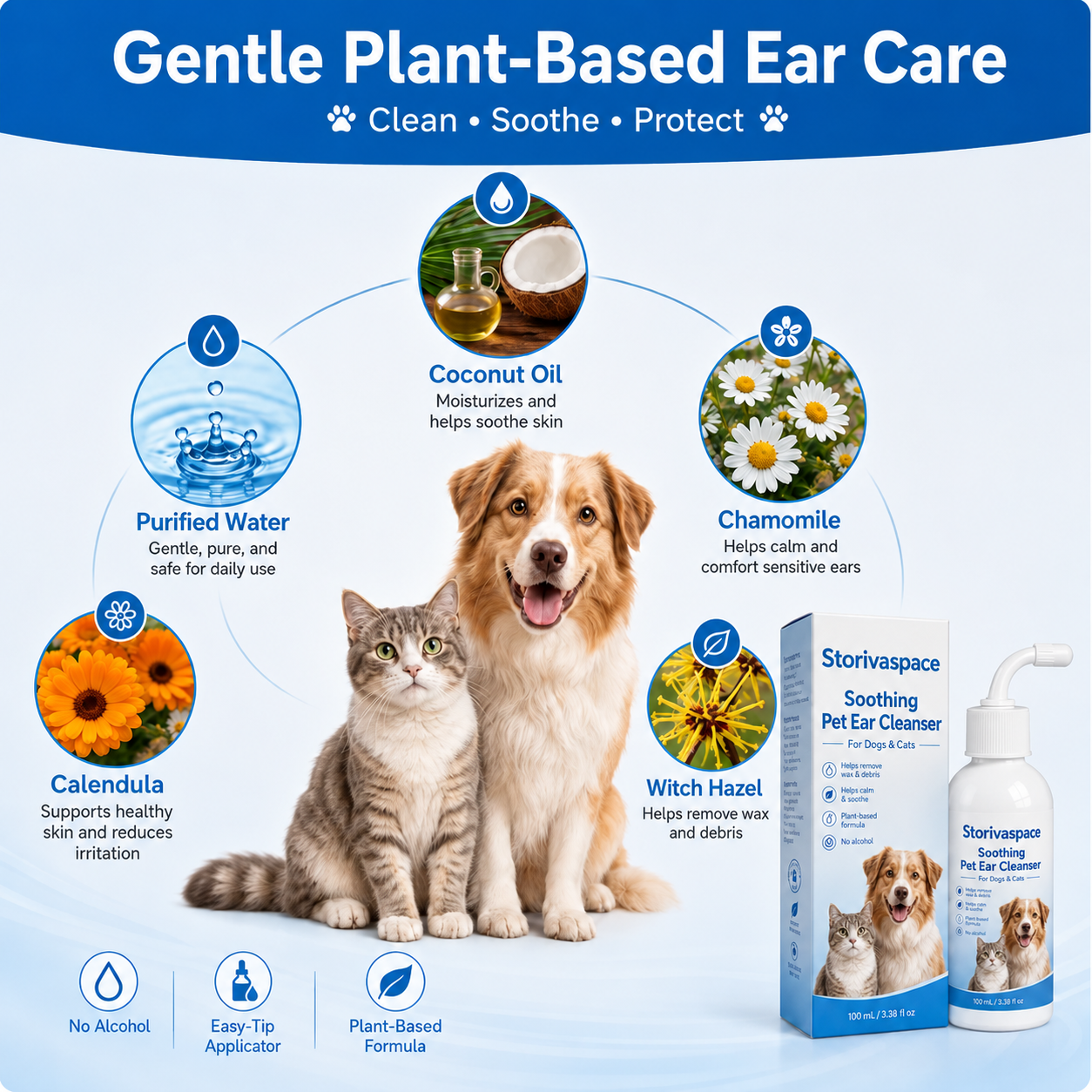 🐾 Soothing Pet Ear Cleanser – Gentle Wax, Odor & Itchy Ear Care for Dogs & Cats 💙