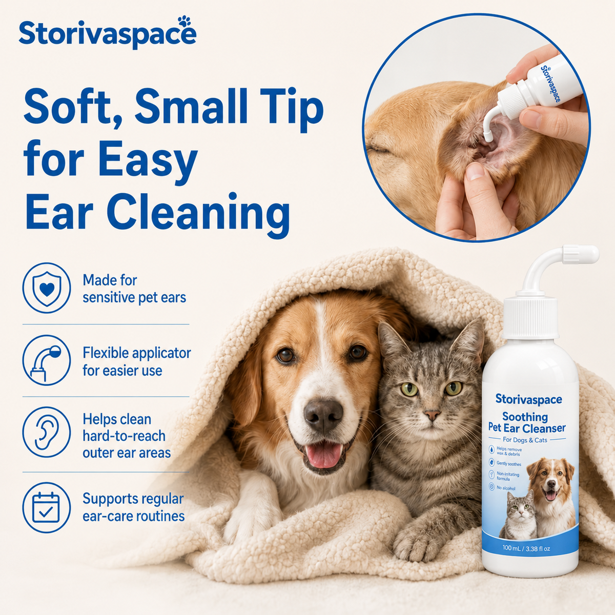 Soft flexible tip on Storivaspace pet ear cleanser